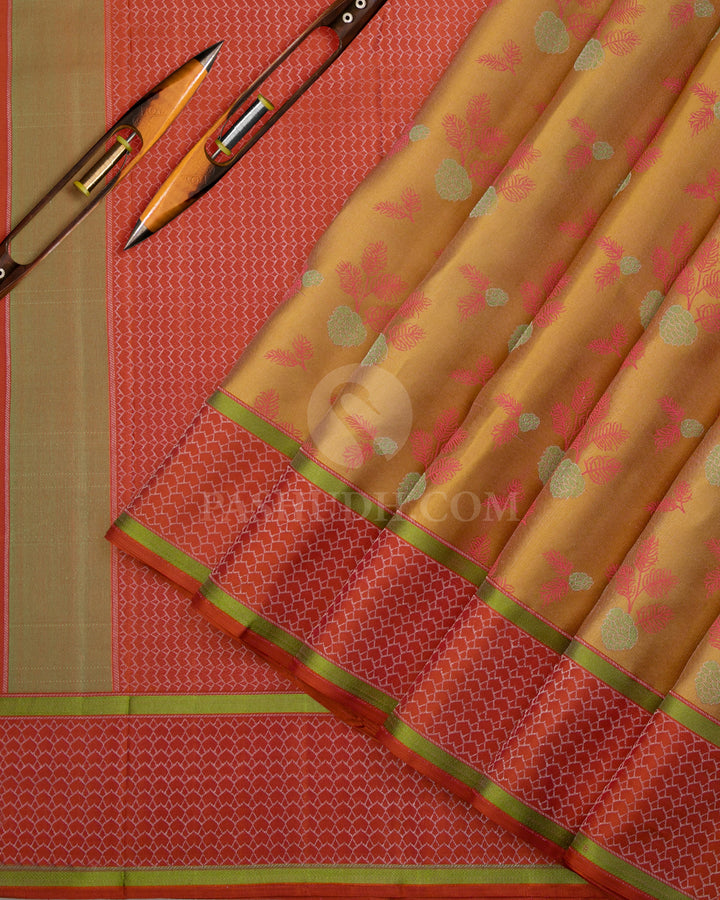 Golden Yellow & Rust Orange Kanjivaram Silk Saree - DJ277(B) - View 1