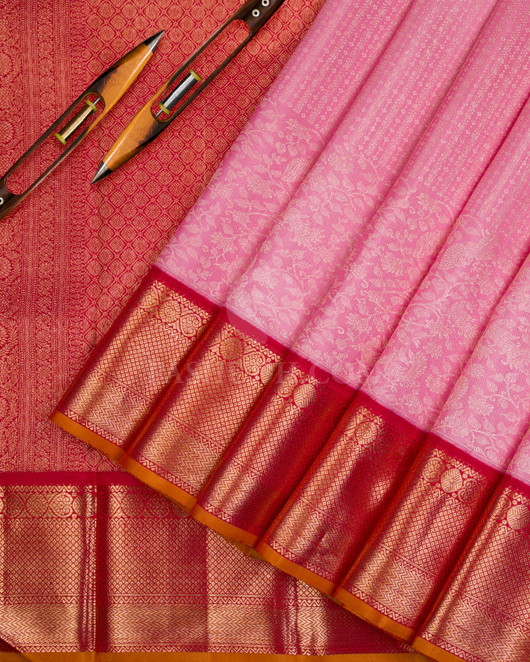 Rose Pink & Red Kanjivaram Silk Saree - S1076(A) - View 2