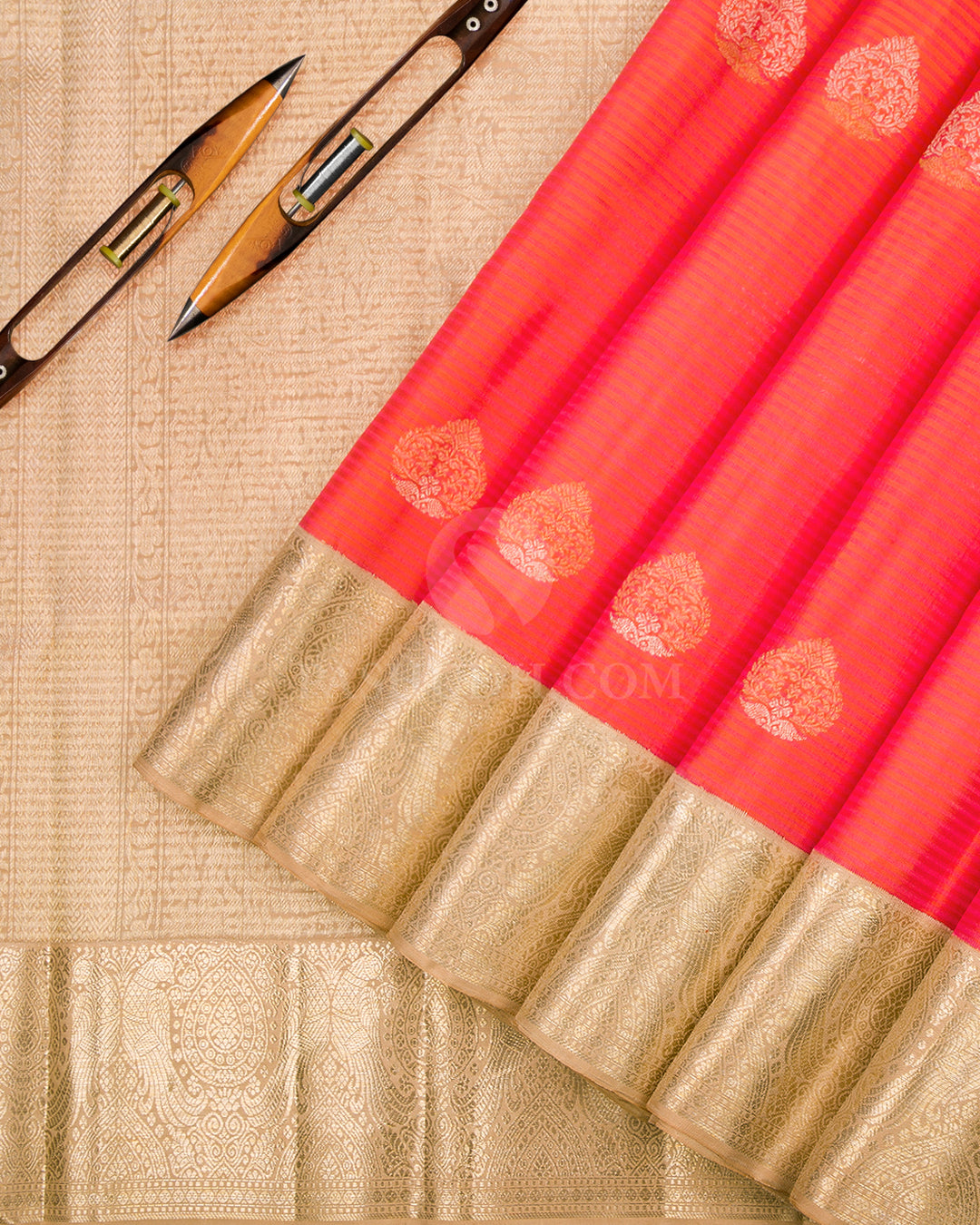 Orange & Beige Kanjivaram Silk Saree - S875 - View 3