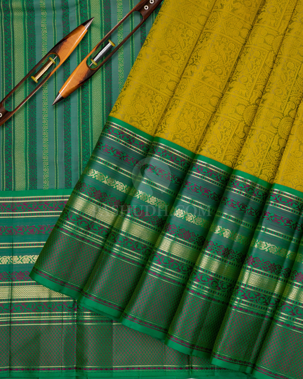 Mustard Yellow and Green Kanjivaram Silk Saree - DJ213 -View 2