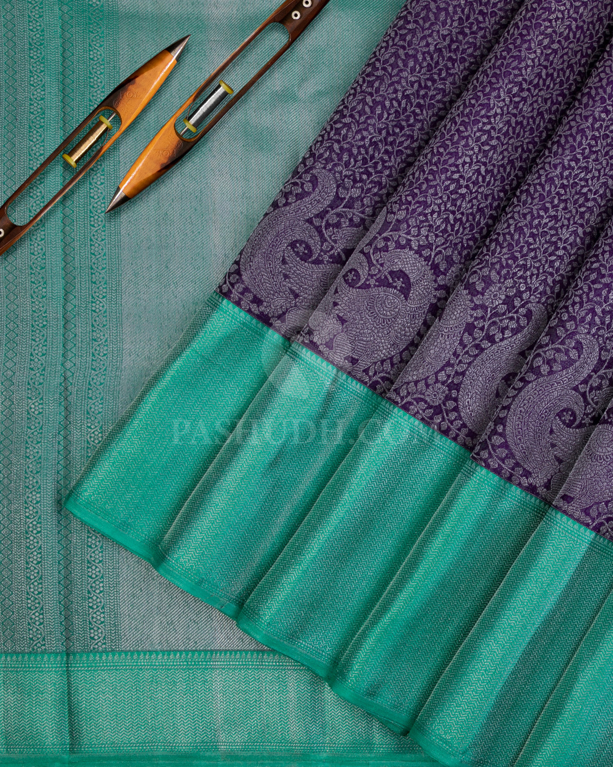 Royal Violet and Sapphire Green Kanjivaram Silk Saree - D528(A) - View 1