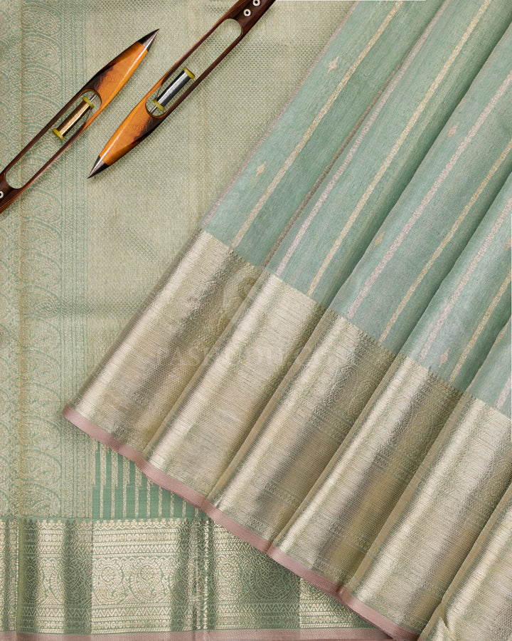 Sea Green & Khaki Shimmer Organza Kanjivaram Silk Saree - S808- View 3