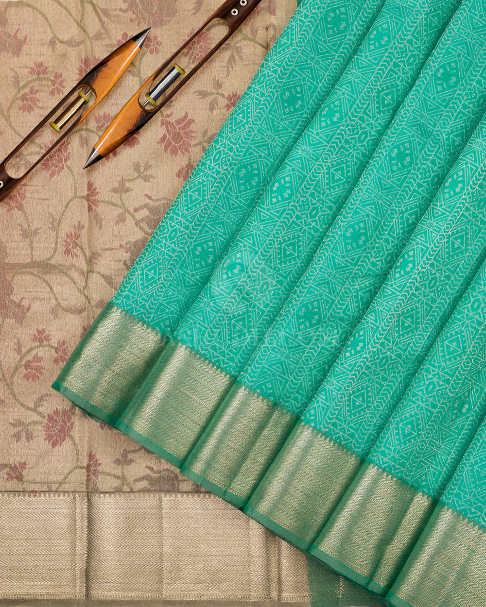 Turquoise Green and Pink Pichwai Inspired Kanjivaram Silk Saree -  DJ200 - View 2