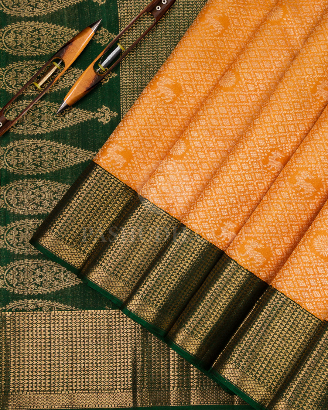 Mango Yellow and Dark Green Kanjivaram Silk Saree - S703 - View 3