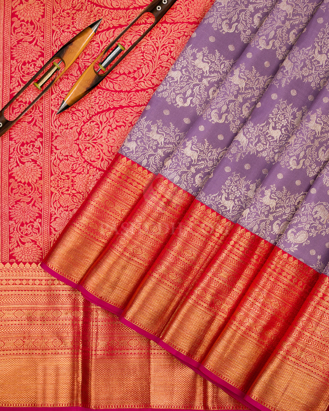 Lavender & Red Kanjivaram Silk Saree - S887 - View 3