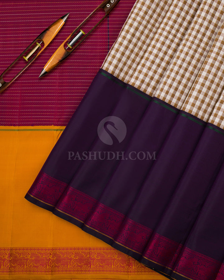 Khaki , Mustard and Navy Blue Kanjivaram Silk Saree - S787 -View 3