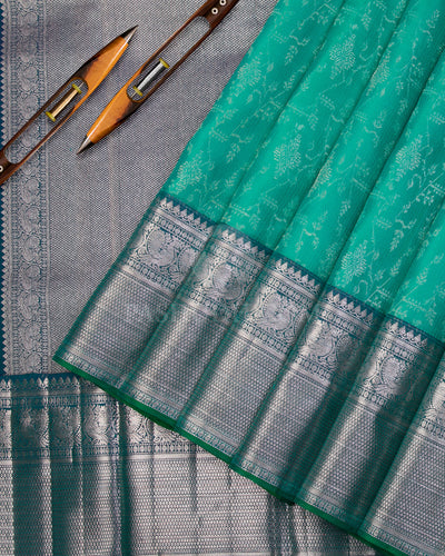 Emerald Green & Teal Blue Kanjivaram Silk Saree - D508(A) - View 1