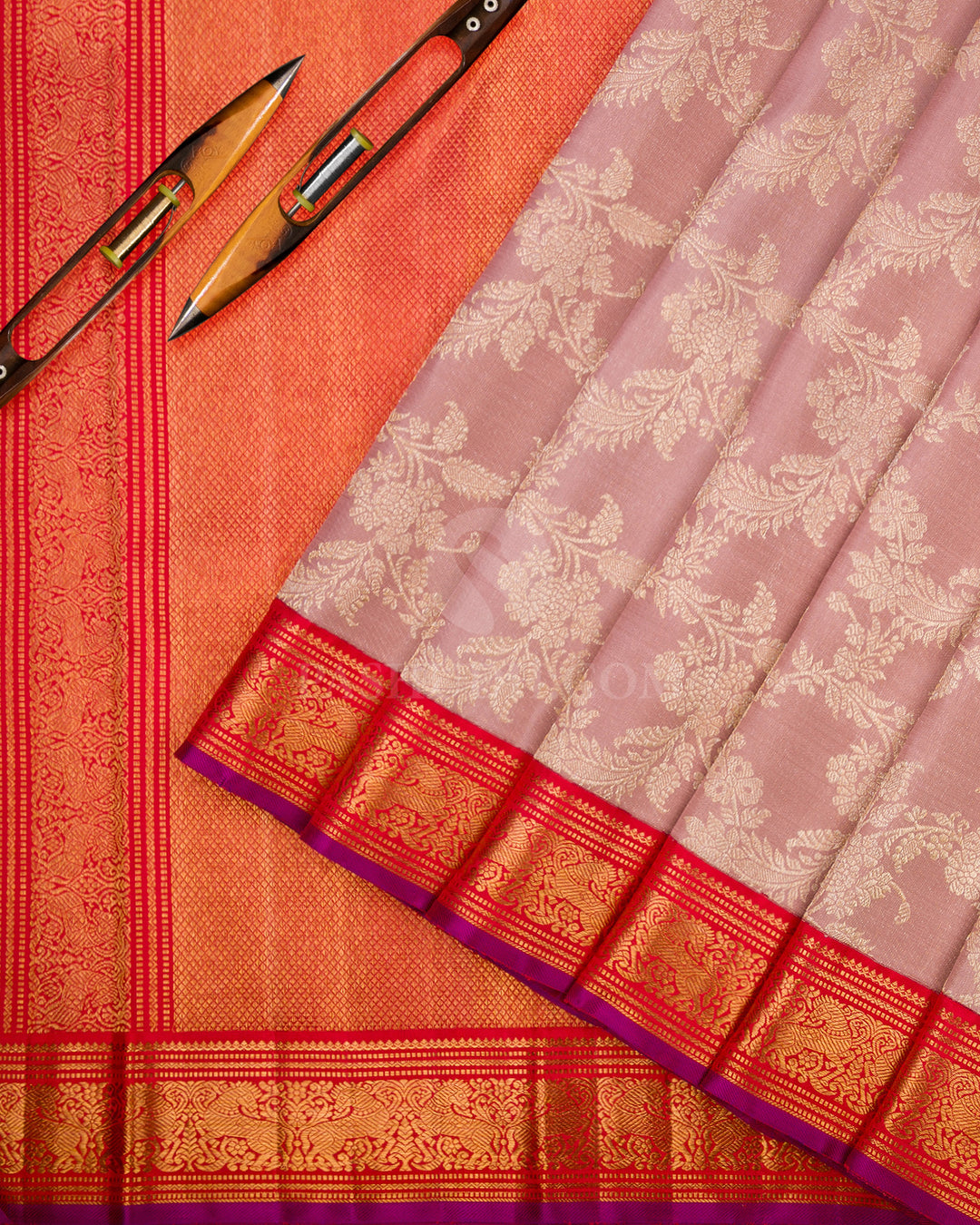 Pastel Old Rose & Red Kanjivaram Silk Saree - S849 - View 3