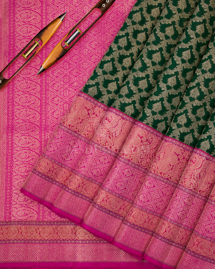 Dark Green and Pink  Zari Kanjivaram Silk Saree - S834 - View 3