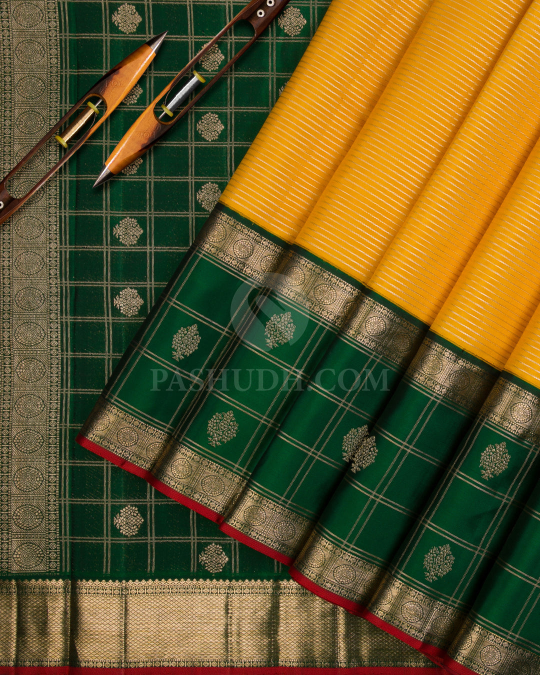 Mango Yellow & Dark Green Kanjivaram Silk saree - S1078(A) - View 2