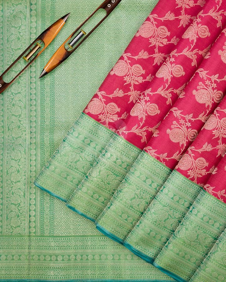 Bright Pink & Pear Green Kanjivaram Silk Saree - S867 - View 3