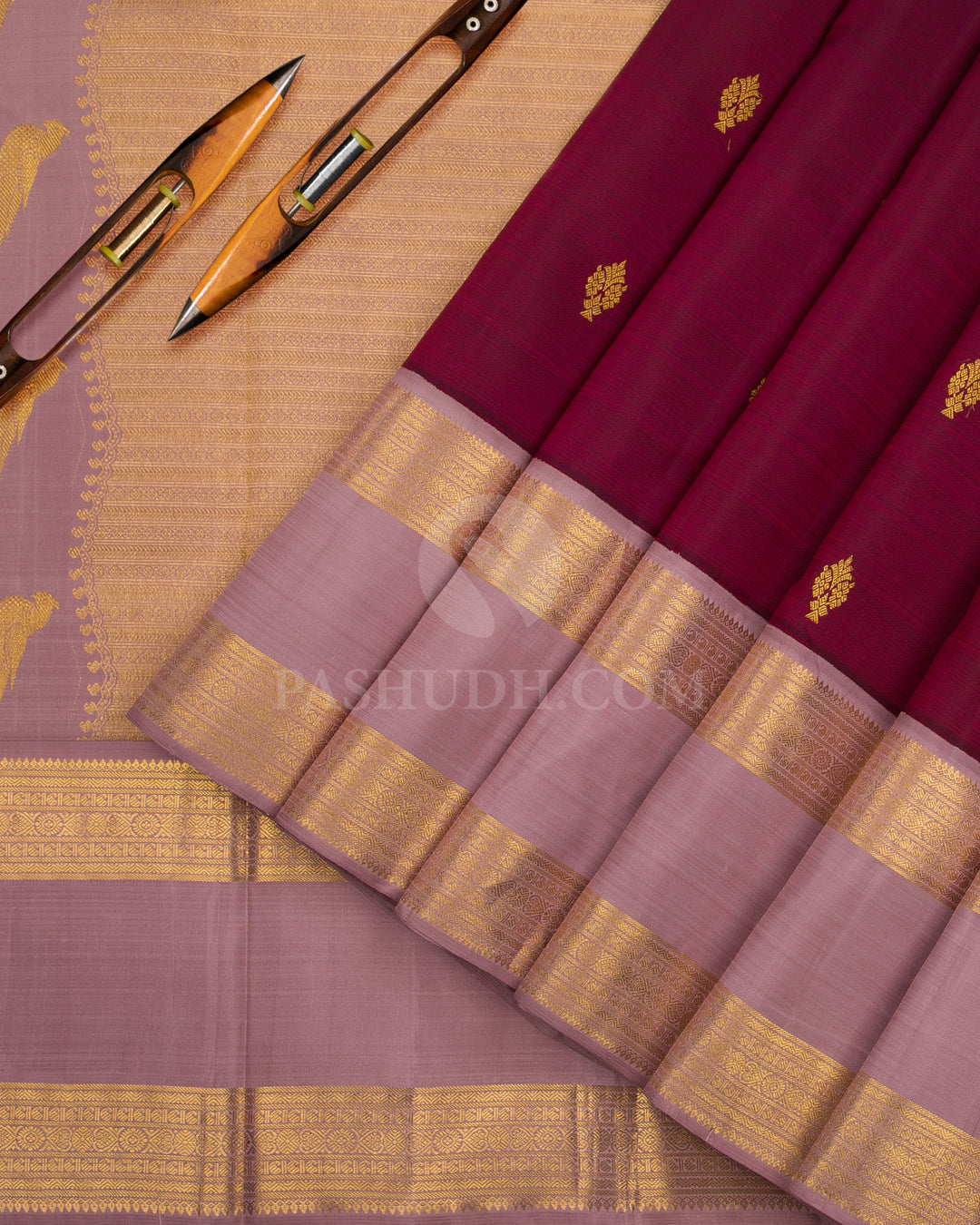 Wine Red & Old Rose Kanjivaram Silk Saree - D4 - View 1