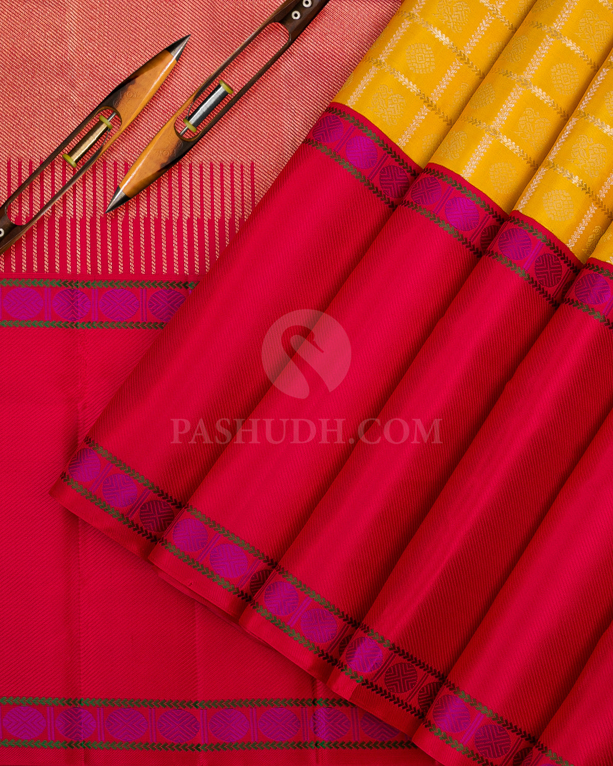 Yellow & Red Kanjivaram Silk Saree - S1121(A) - View 2