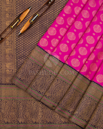 Bright Pink & Navy Blue Kanjivaram Silk Saree - S1071(B) - View 2