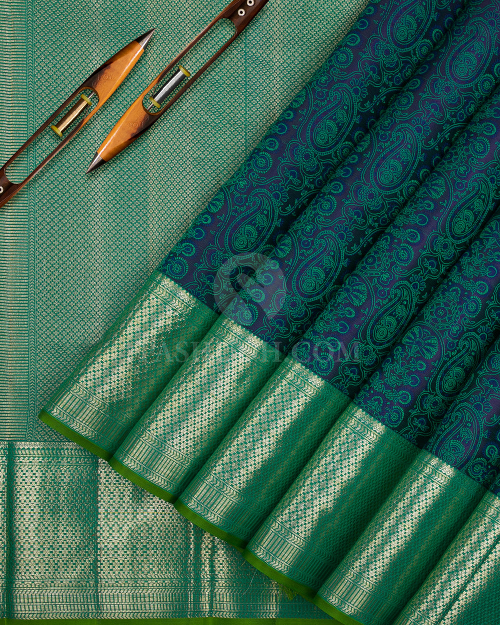 Dark Blue & Rama Green Kanjivaram Silk Saree - DJ285(C) - View 1