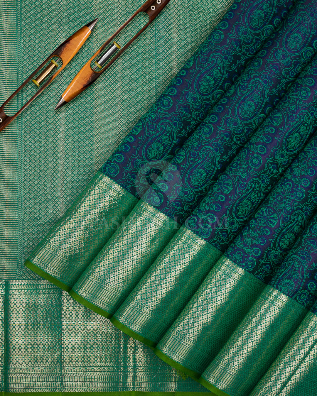 Dark Blue & Rama Green Kanjivaram Silk Saree - DJ285(C) - View 1