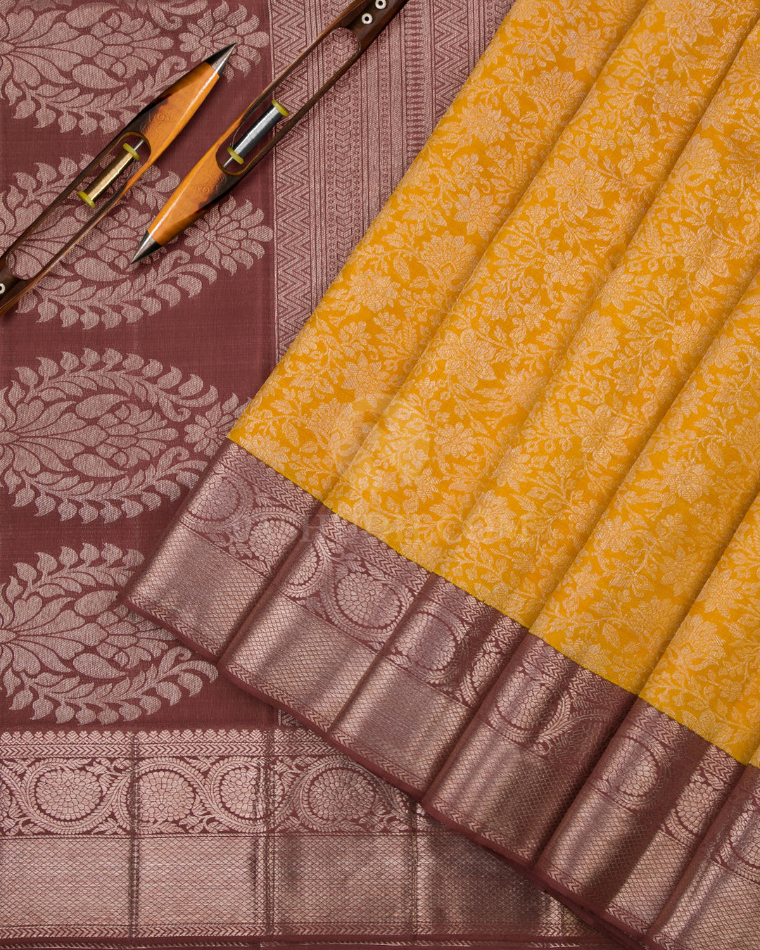 Mustard and Chocolate Kanjivaram Silk Saree - S772- View 3