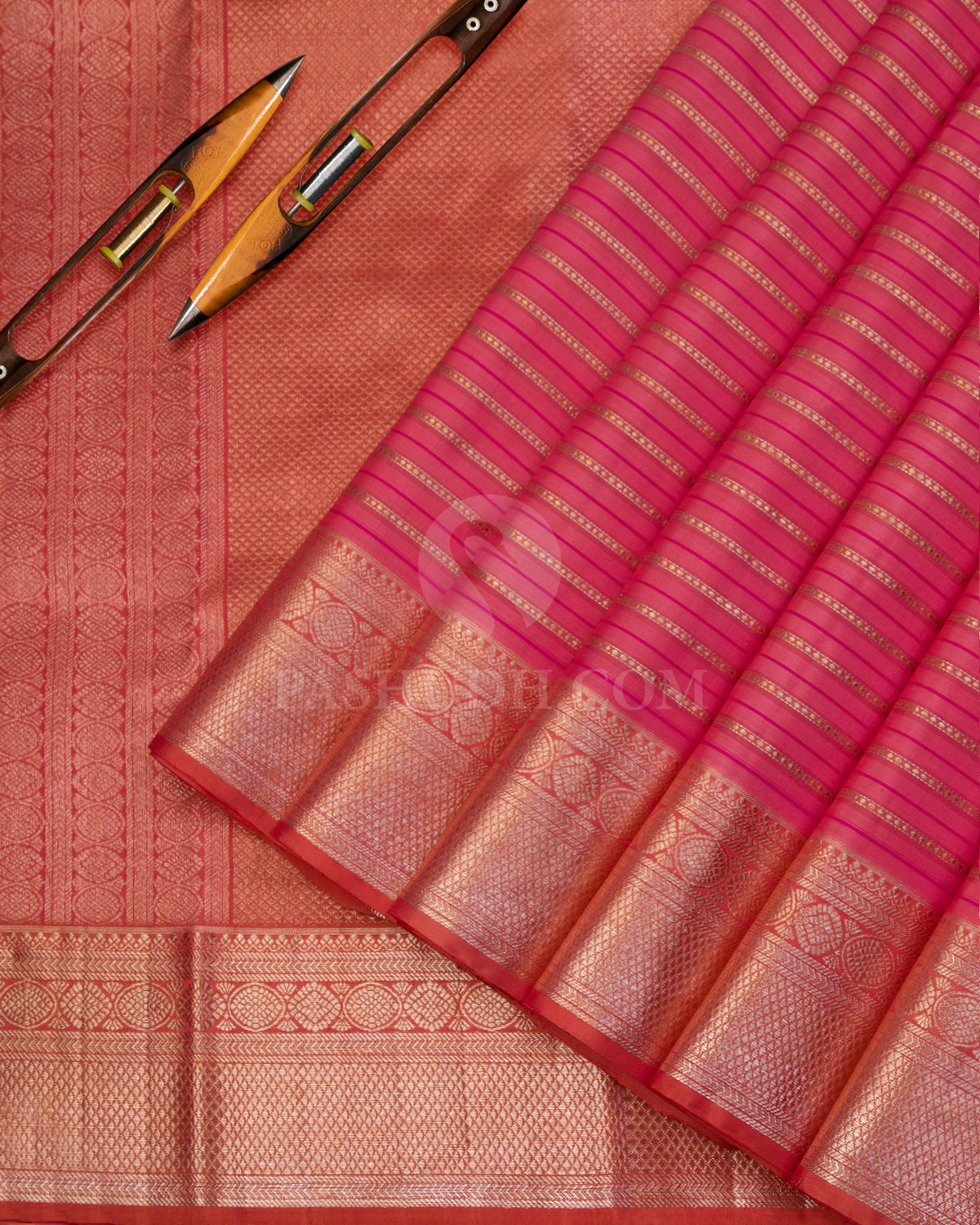 Pink & Coral Orange Kanjivaram Silk Saree - S976 - View 2