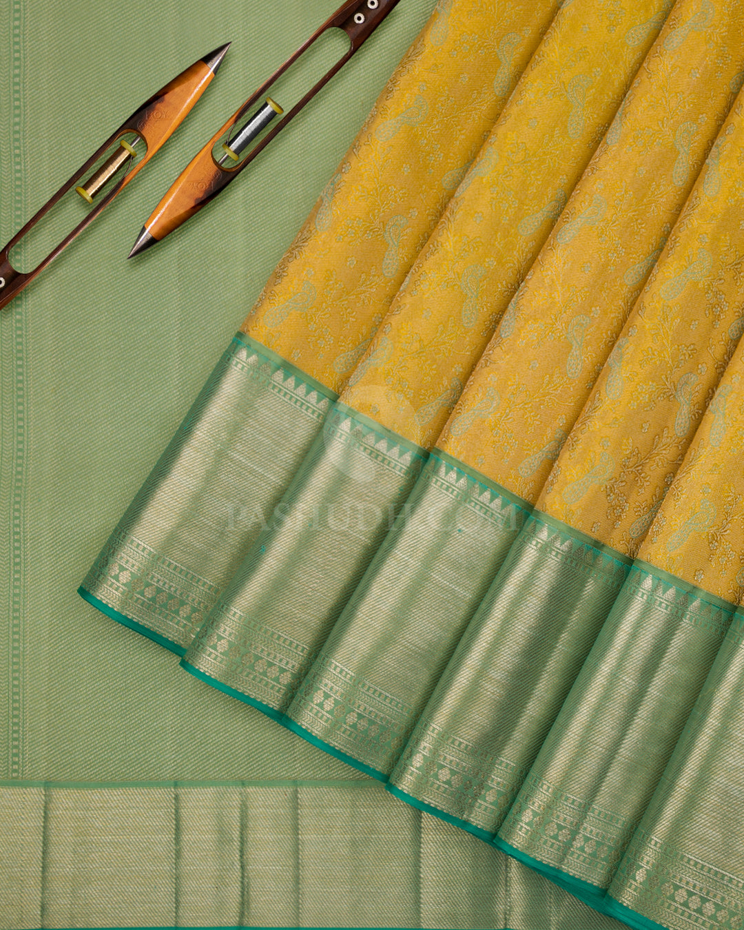 Mustard and Light Green Kanjivaram Silk Saree - DJ224 - View 1