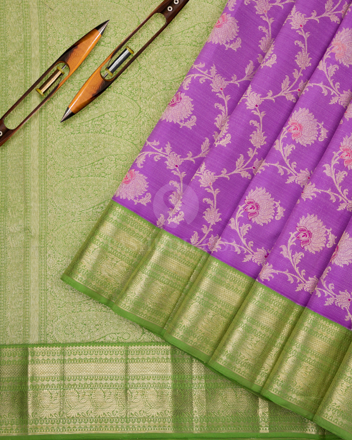 Lavender and Green Kanjivaram Silk Saree - S797 - View 3