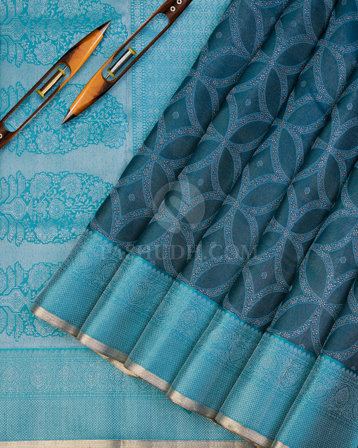 Dark Blue and Light Blue Kanjivaram Silk Saree - D500(A) - View 1