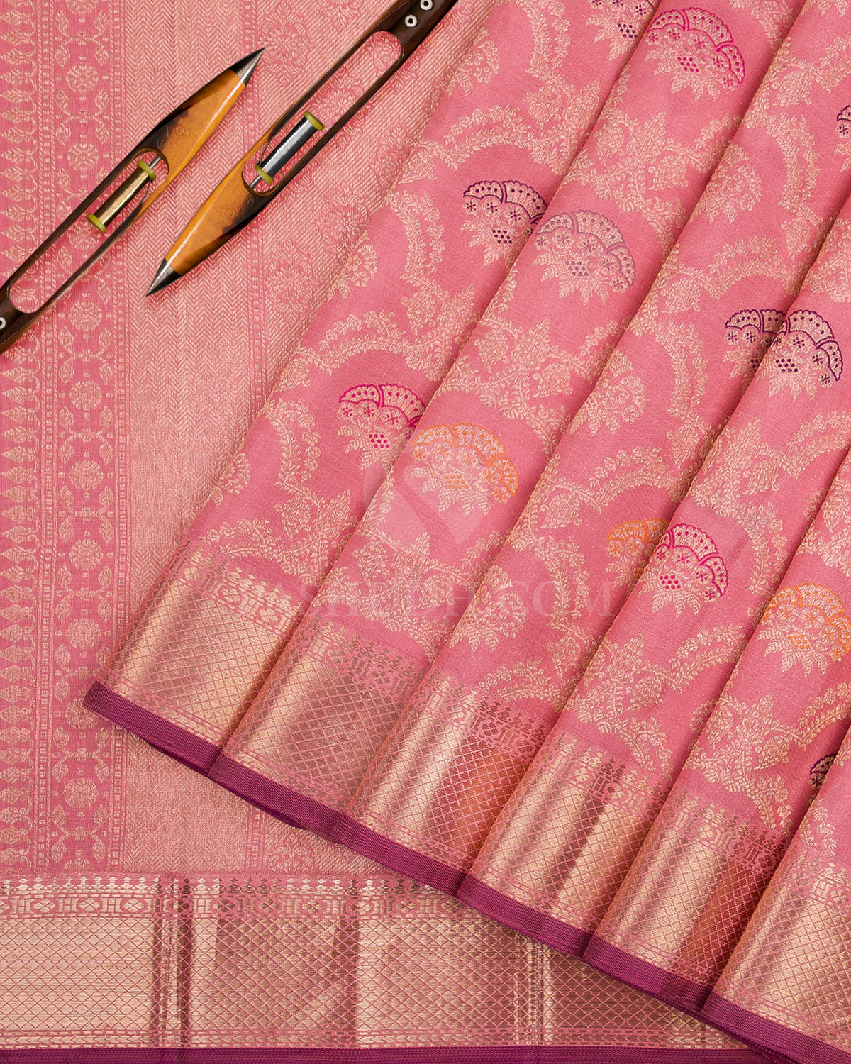 Peachy Pink Kanjivaram Silk Saree - S1023(C) - View 2