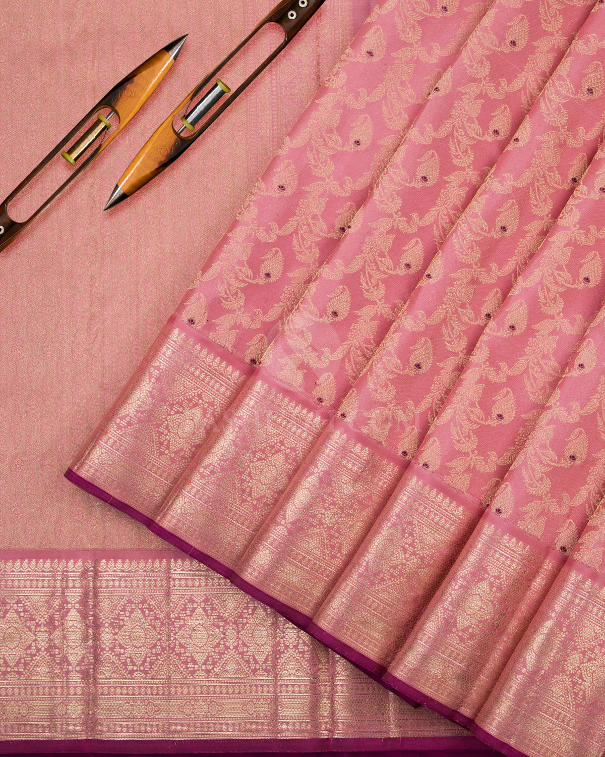 Peach Pink and Purple Kanjivaram Silk Saree - DJ203 - View 2