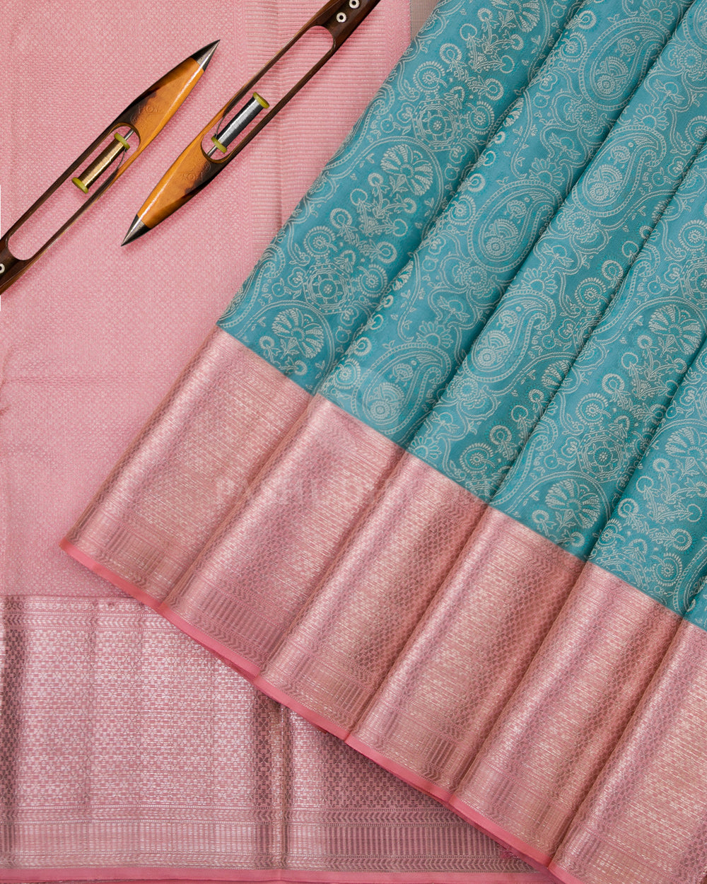 Sky Blue and Pale Pink Kanjivaram Silk Saree - D444 - View 2\