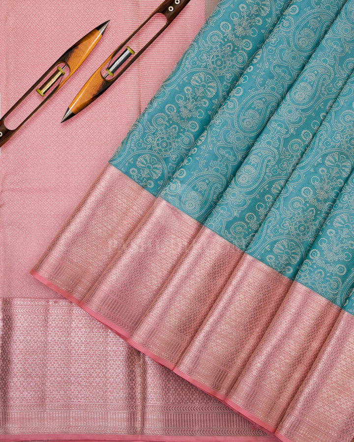 Sky Blue and Pale Pink Kanjivaram Silk Saree - D444 - View 2\