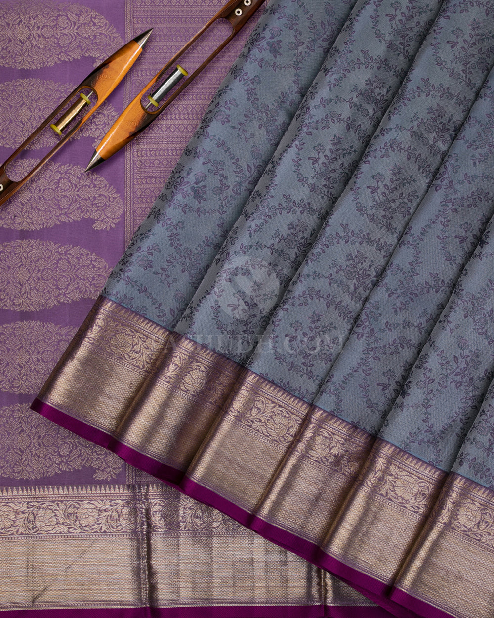Blue-Grey and Violet Kanjivaram Silk Saree - D460 -View 2