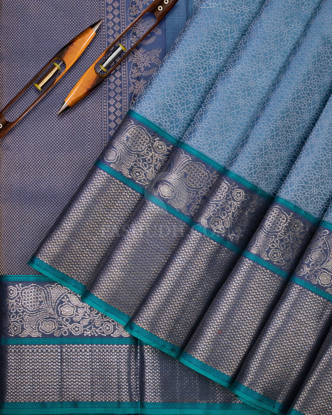 Livid Blue and Dark Grey Kanjivaram Silk Saree - DT213