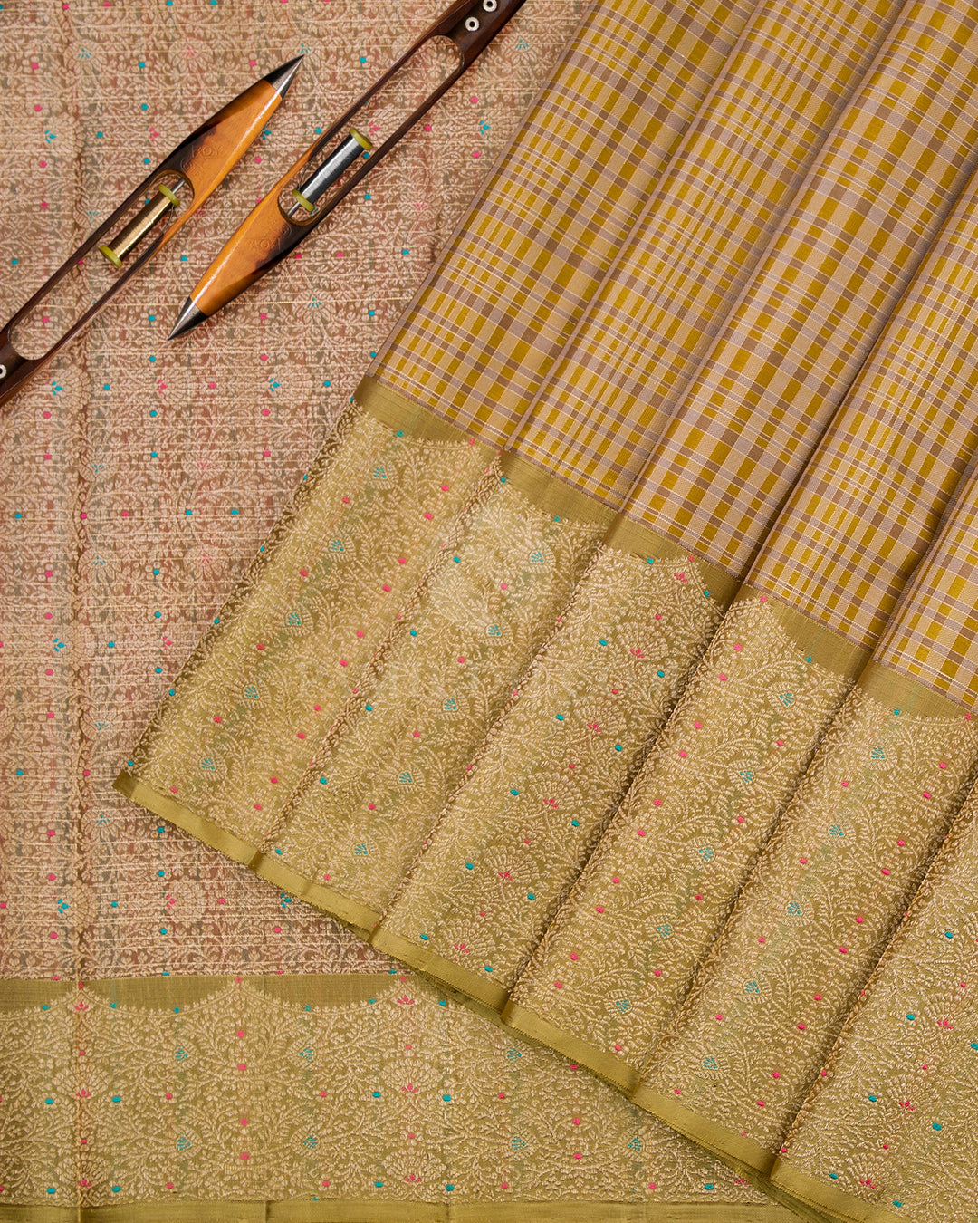 Grey & Olive Green Kanjivaram Silk Saree - S868 - View 3