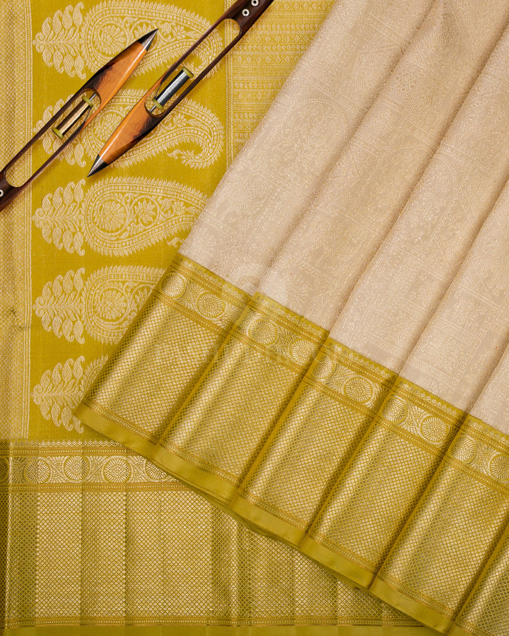 Ivory Cream & Tuscany Yellow Kanjivaram Silk Saree - S861 -View 3