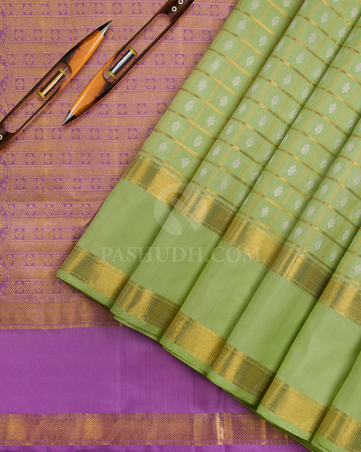 Light Green & Lavender Kanjivaram Silk Saree - D5 - View 1