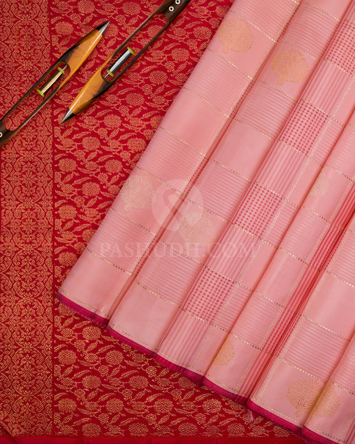 Baby Pink & Red Selvedge Kanjivaram Silk Saree - S1069(A) - View 1