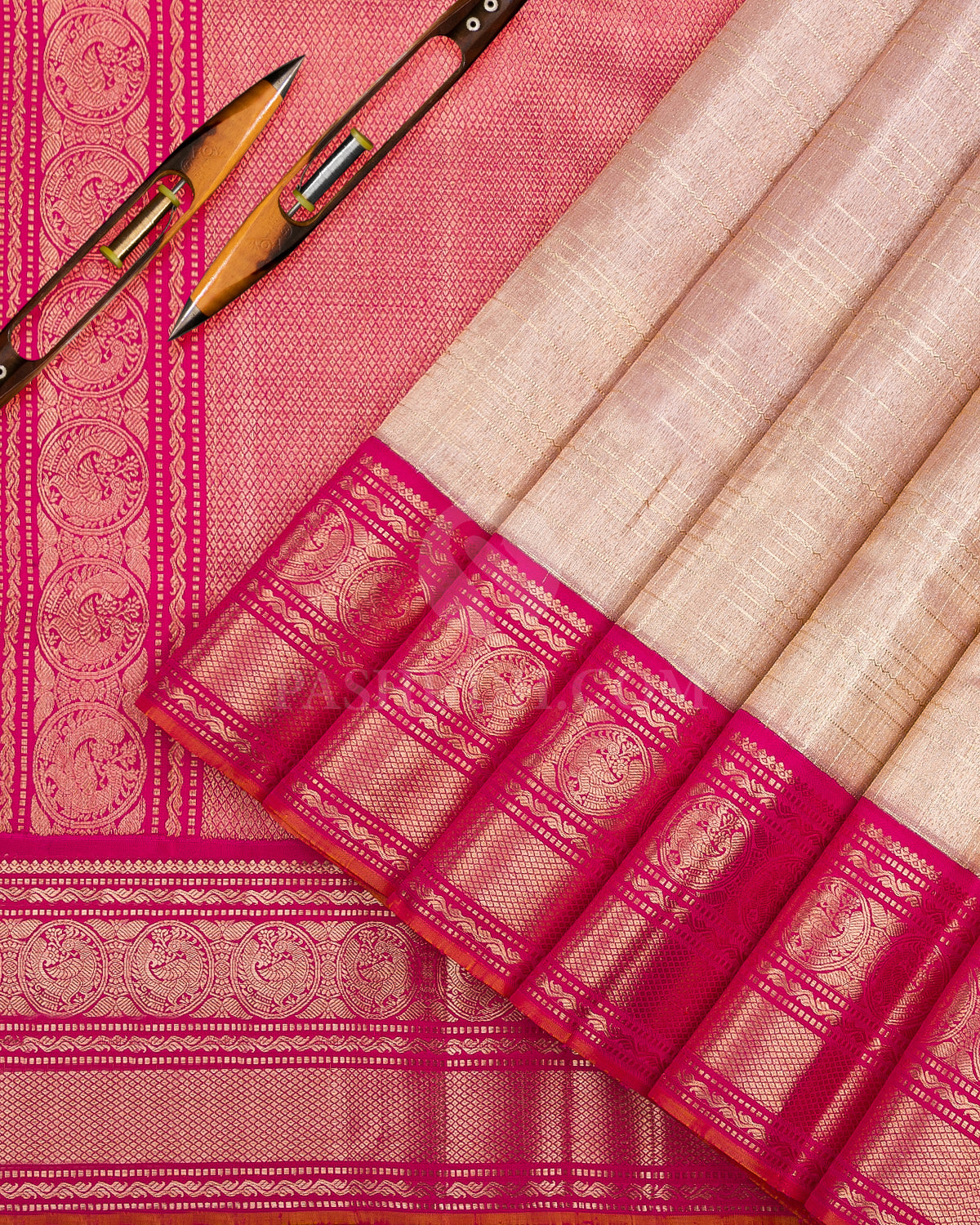 Gold & Rani Pink Kanjivaram Silk Saree - S1119(A) - View 2