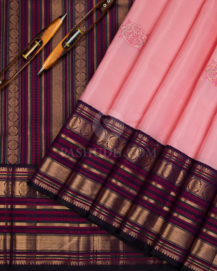 Peachy Pink & Aubergine Kanjivaram Silk Saree - S1067(A) - View 2