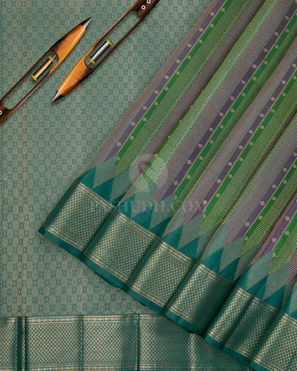 Purple  Green and Teal Kanjivaram Silk Saree - DJ225 - View 1