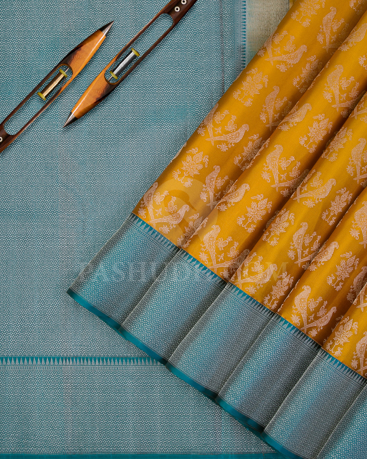 Golden Yellow and Teal Blue Kanjivaram Silk Saree - DT273(A) - View 1