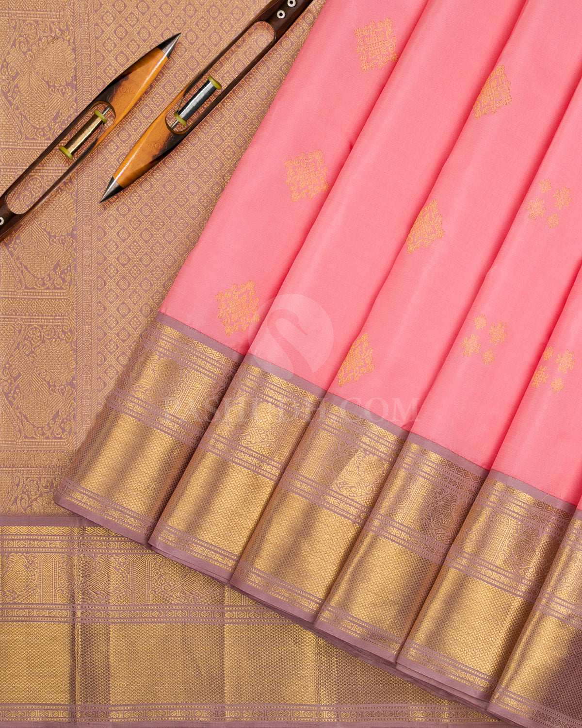 Peachy Pink & Grey Kanjivaram Silk Saree - D12 - View 1