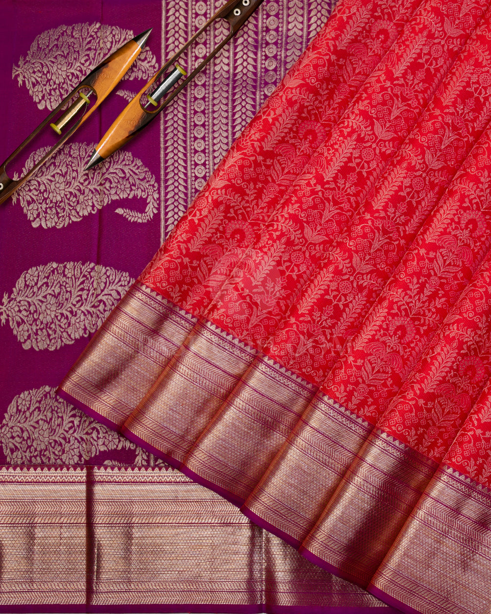 Sunset Orange & Dark Magenta Kanjivaram Silk Saree - D516(A) - View 1