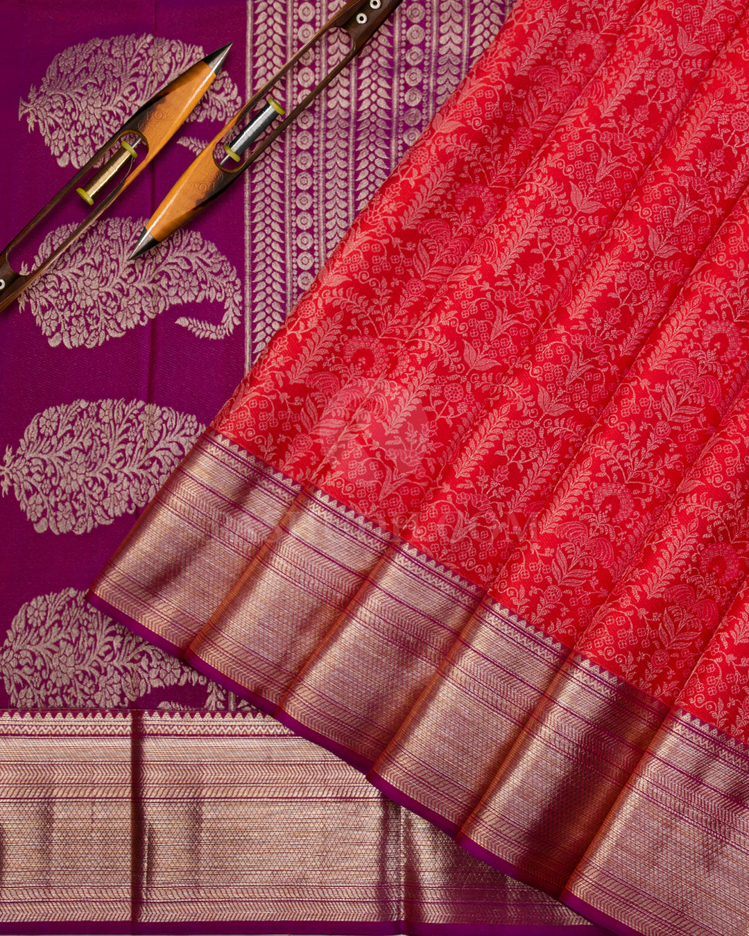 Sunset Orange & Dark Magenta Kanjivaram Silk Saree - D516(A) - View 1