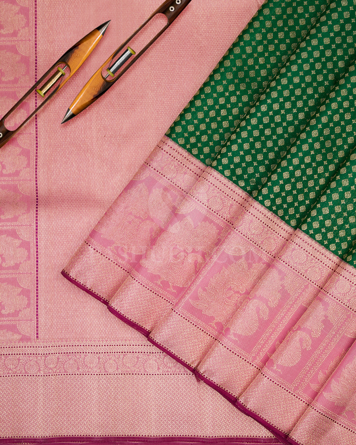 Emerald Green and Baby Pink Pure Zari Kanjivaram Silk Saree - S709 - View 3