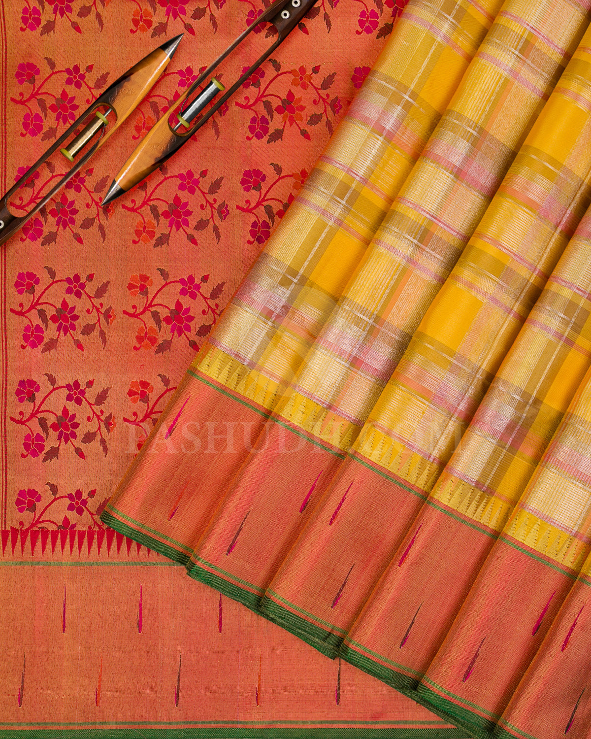 Turmeric Yellow And Red Pure Zari Paithani Kanjivaram Silk Saree - P143(B) - View 2