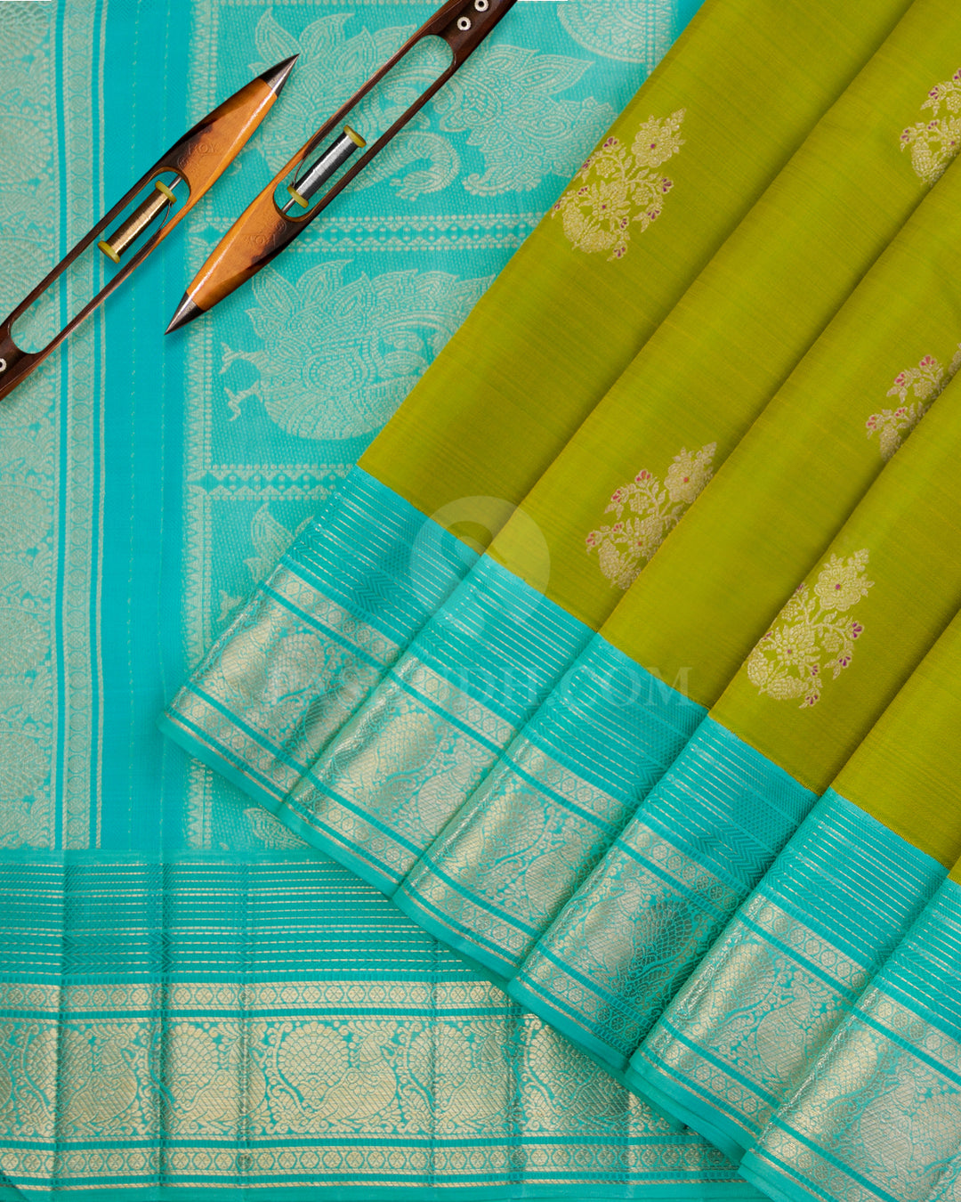Parrot Green & Aqua Kanjivaram Silk Saree - S904 - View 2
