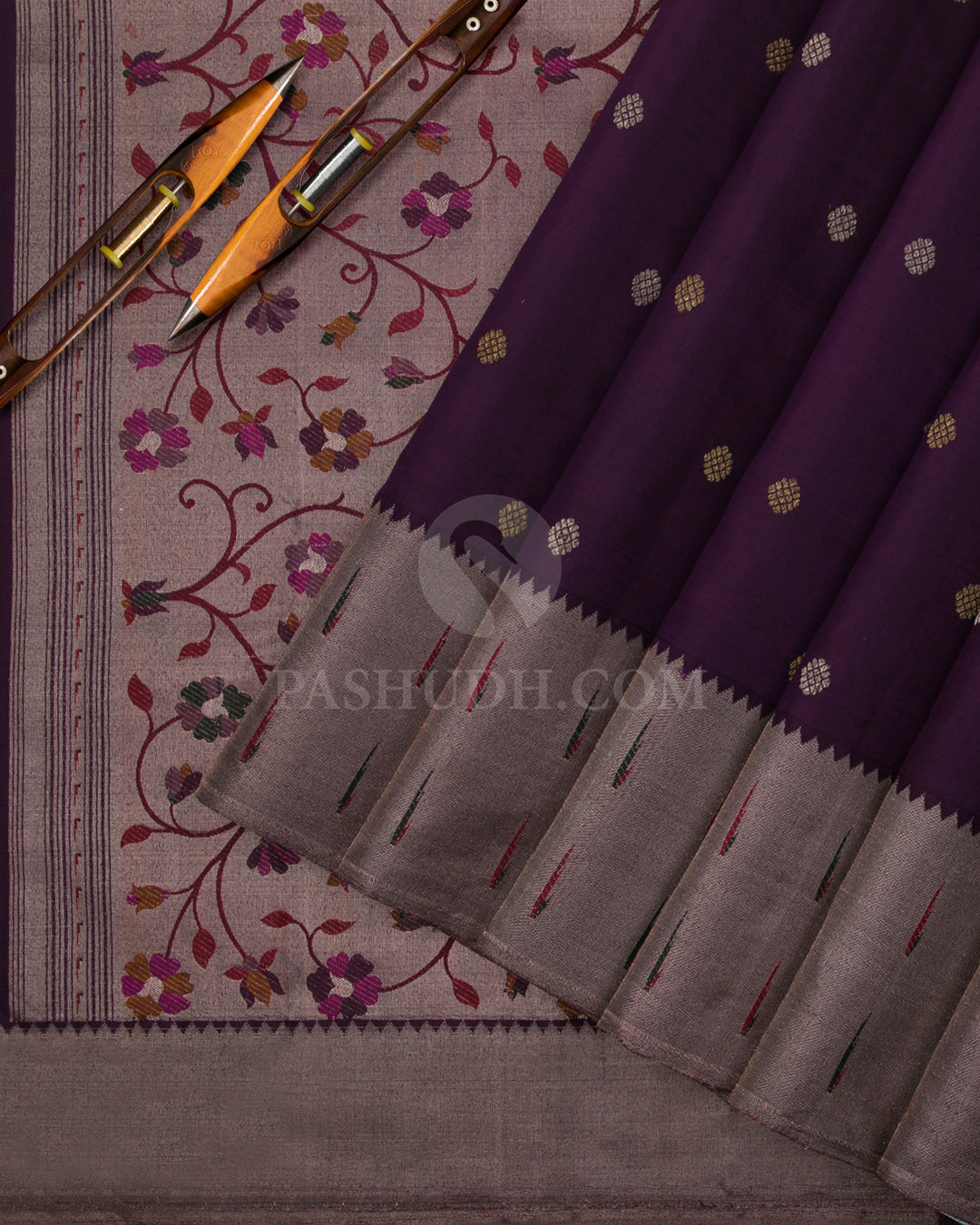 Deep Purple Pure Zari Kanjivaram Silk Saree with Paithani Border - P136(A) - View 2