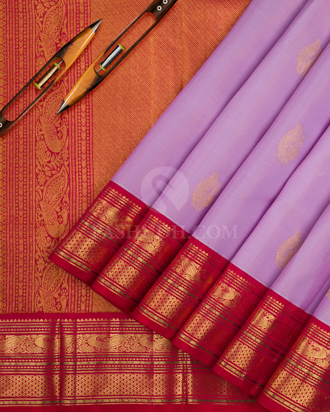 Lavender & Red Kanjivaram Silk Saree - D13 - View 1
