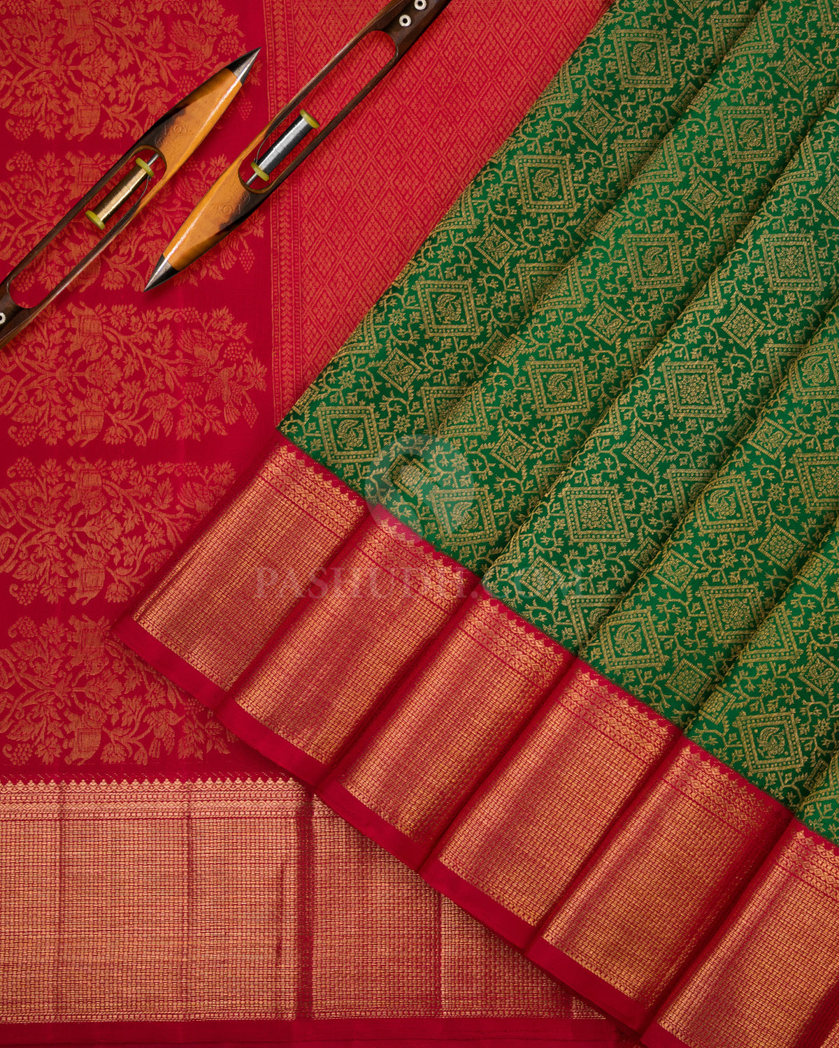 Dark Green and Red Kanjivaram Silk Saree - S753- View 3