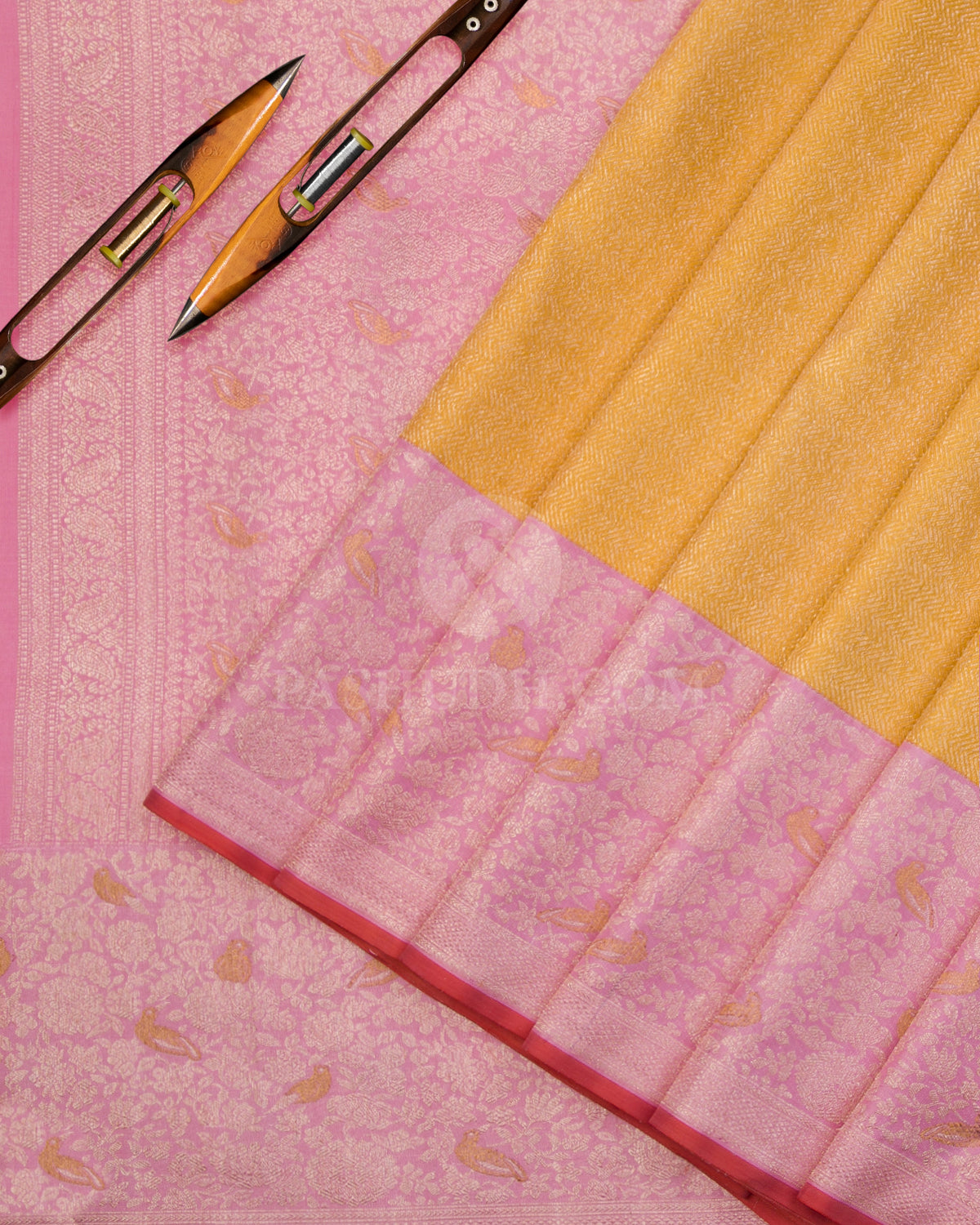 Bright Yellow & Baby Pink Kanjivaram Silk Saree - S1059(A) - View 2