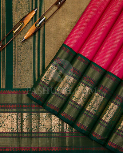 Red Shot Pink And Dark Green Kanjivaram Silk Saree - S1184(A) - View 2